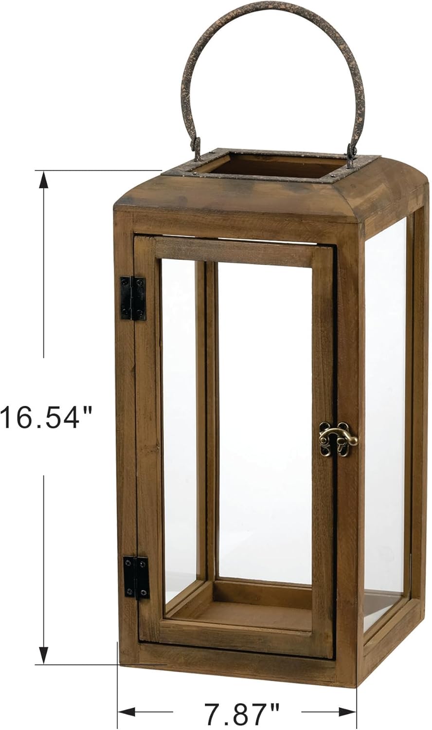 16" High Wooden Lantern Made of Solid Firwood in Handpainted Mediterranean Brown with Metal Handle,Hurricane Lantern, Farmhouse Lantern for Party, Deck, Front Porch (1, Brown, Large)