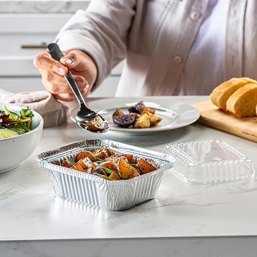 Miniatura 3 de Comfy Package 50 juegos de sartenes desechables de papel de aluminio de 2 libras con tapas, sartenes para llevar de 8 x 5 pulgadas, con tapas de