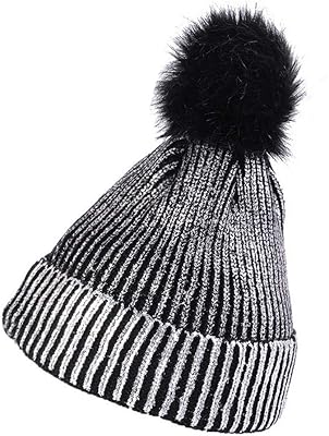 YEKEYI Women Winter Warm Knitted Beanie Hat with Faux Fur Pompom Metallic Shiny Hats Cap