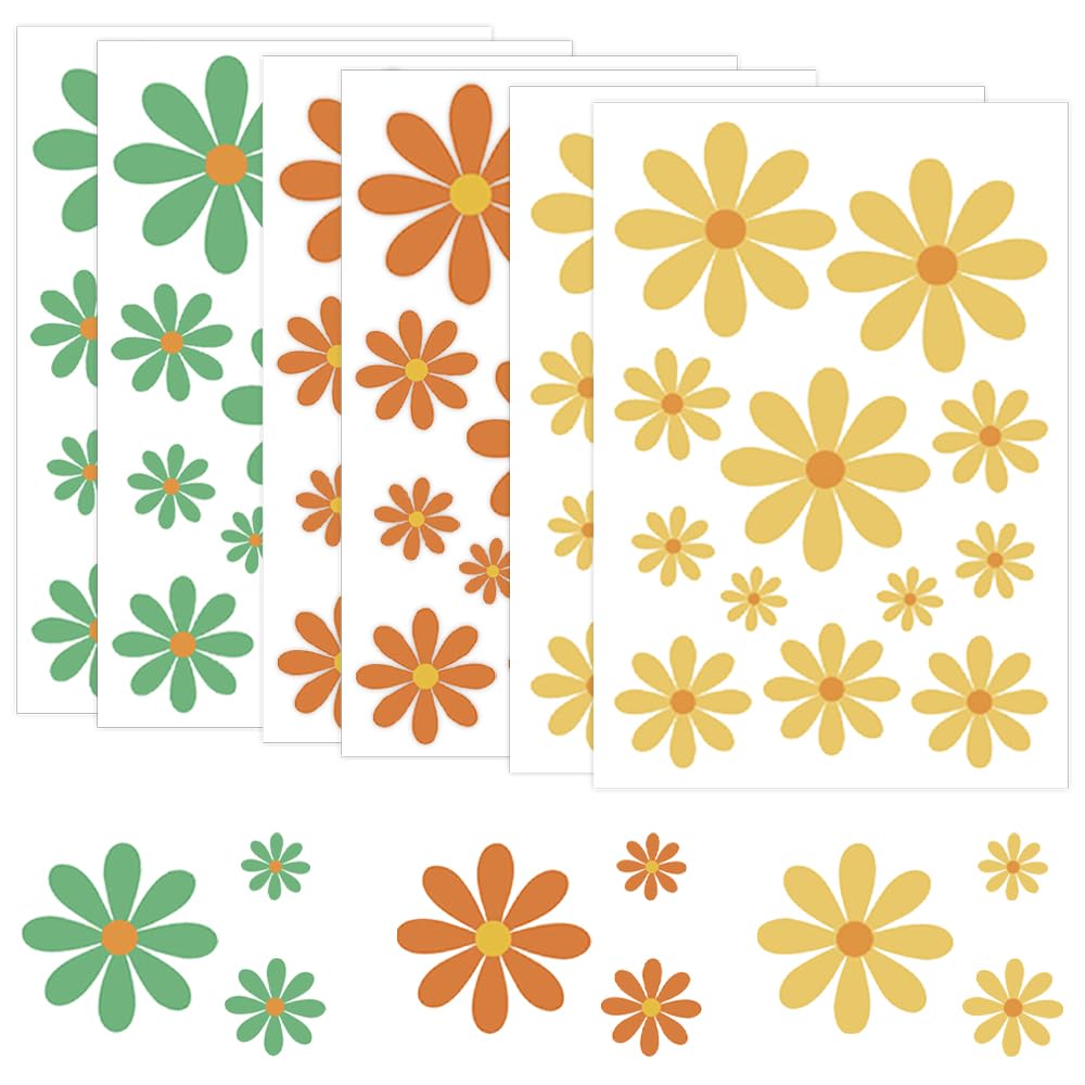 6 Sheets Flower Wall Stickers Self-Adhesive Daisy Sticker Boho Floral Wall Decals Art Stickers for Girls Kids Bedroom Nursery Playroom Classroom Decors - Yellow/Orange/Green