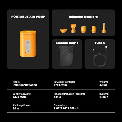 Miniatura 7 de Mini bomba de aire portátil con luz, batería recargable de 1200 mAh, inflado rápido de 4 kPa, compacta para campamento, flotadores de piscina e