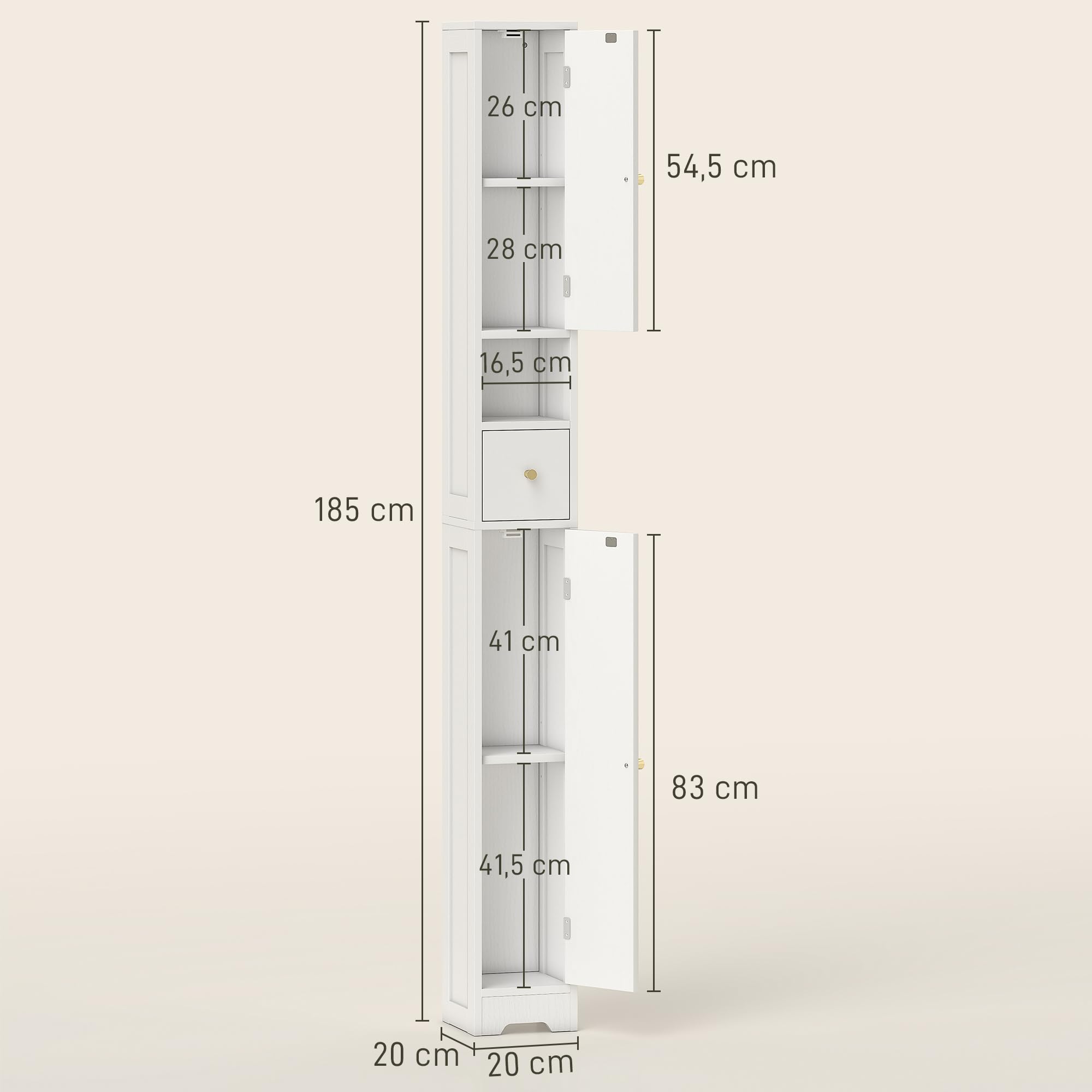 HOMCOM Mobiletto alto da bagno sottile moderno 20x20x185cm Bianco | Armadietto da bagno, ante arcuate, ripiano aperto, armadietto stretto, ripiani regolabili, a terra