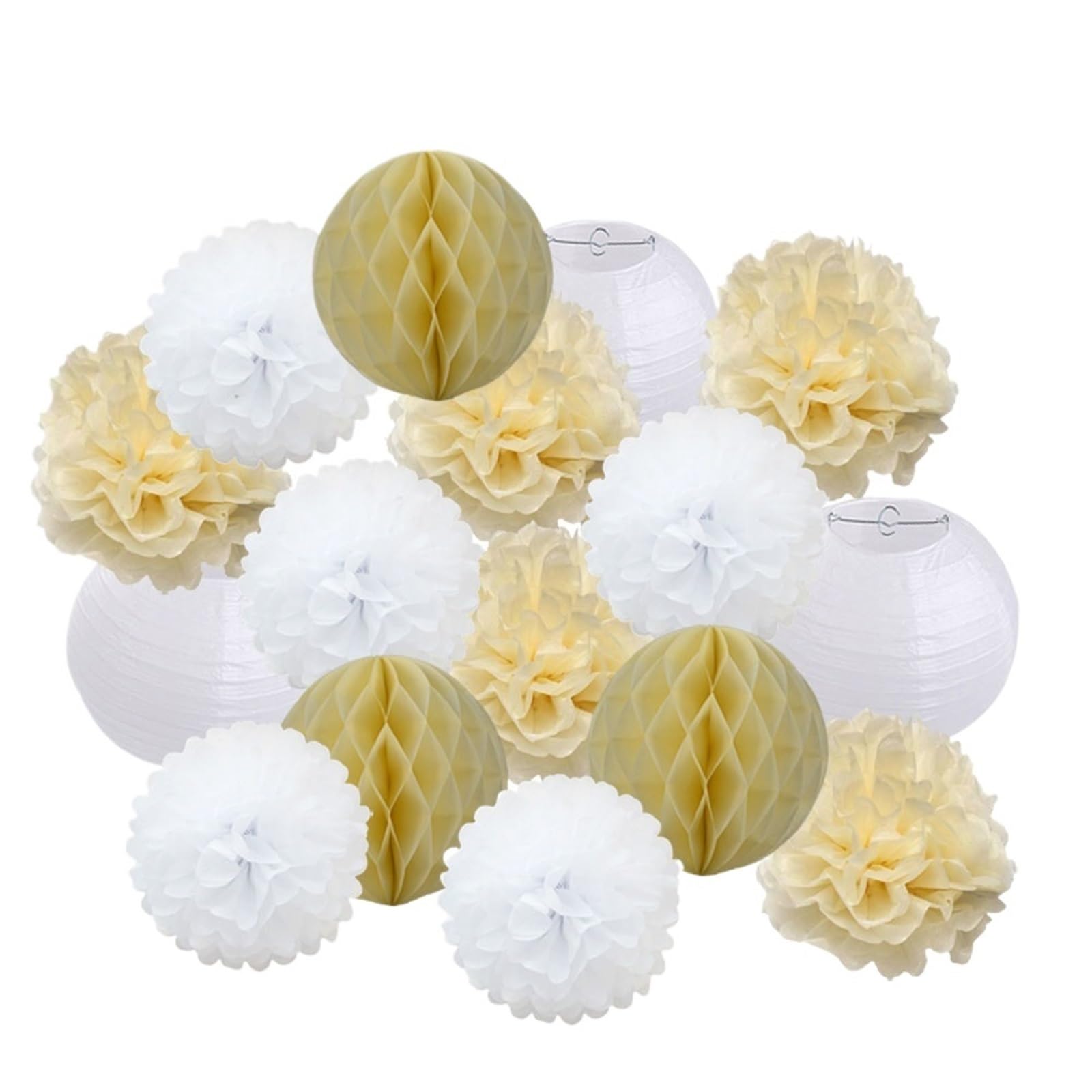Pompón de papel Conjunto de linternas papel redondas plegables for fiesta cumpleaños niño y niña, color amarillo, for decoración bodas bautizos, con pompones DIY(Beige White,12inch(30cm))