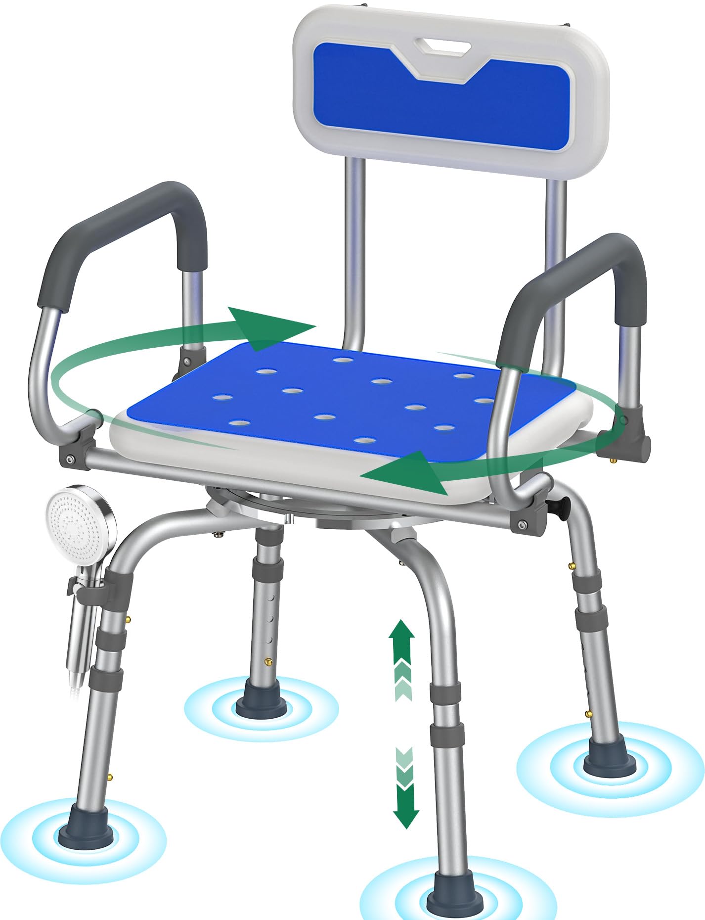 Silla de Ducha Giratoria 360° – Silla de Ducha Ajustable con Respaldo y Reposabrazos Abatibles, Taburete de Ducha Antideslizante de Aluminio para Mayores y Personas con Movilidad Reducida