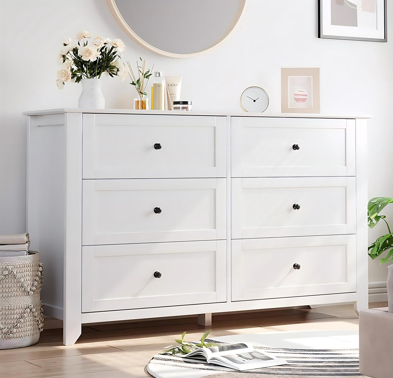 IDEALHOUSE 6 Chest of Drawer Dresser, Modern Wood Organizer Storage Cabinet with Drawers for Bedroom, Living Room, Entryway, White