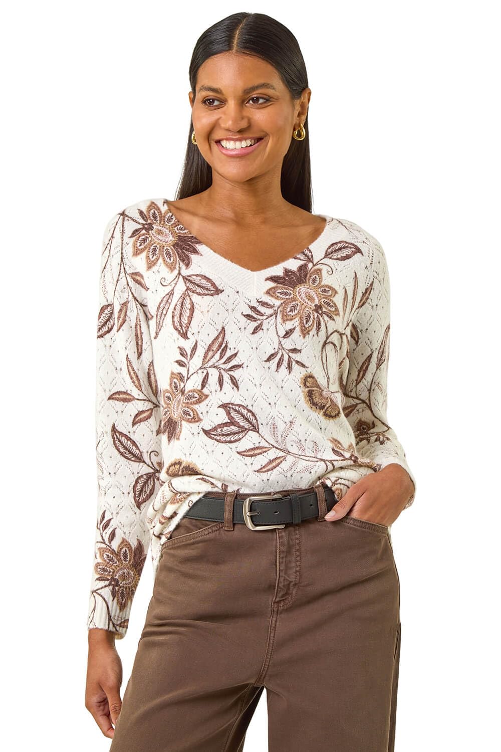 Roman Women's Ivory Floral Print V-Neck Knit Jumper Size 16