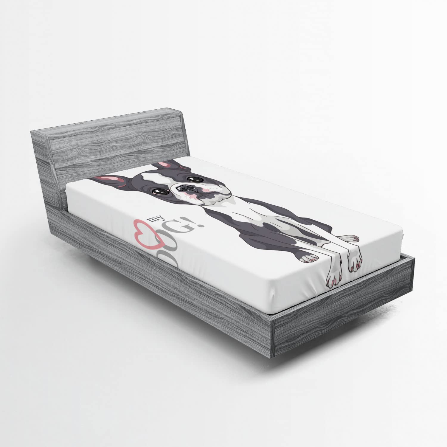 Ambesonne Boston Terrier 2 Pack Fitted Sheet, Naive Puppy Face, Bed Cover All-Round Elastic Deep Pockets 2 Pieces, Package Contains 2 Twin Size Fitted Sheets, Pink White