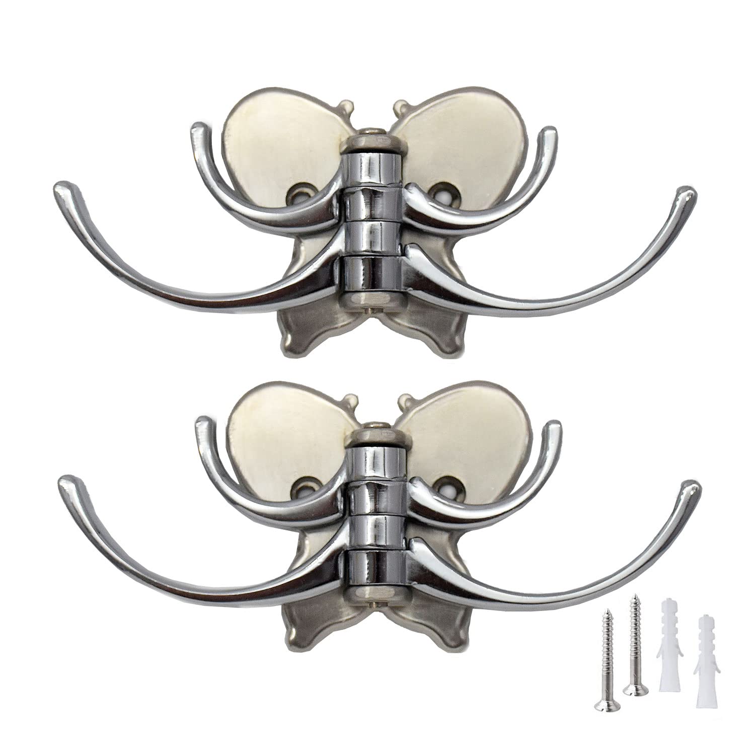 Adjustable Cloth Hanger with 4 Hook | Royal Wall Mount Brass Key Holder | Antique Metal Rail & Robe for Bathroom Towel (Pack of 2, Butterfly Chrome TT)