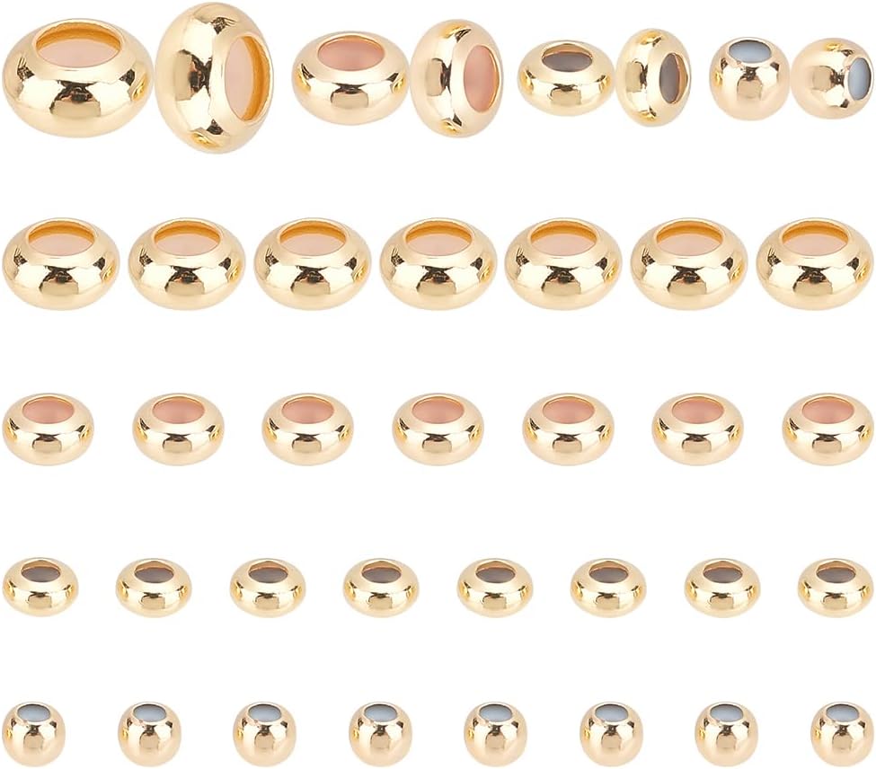 PH PandaHall 48pcs 14K Gold Stopper Beads, 4 Sizes Slider Beads Brass Spacer Rubber Insert Locating Bead Length Adjust Spacer Bead for DIY European Bracelets Necklaces Jewelry Making 4/5/6/7mm