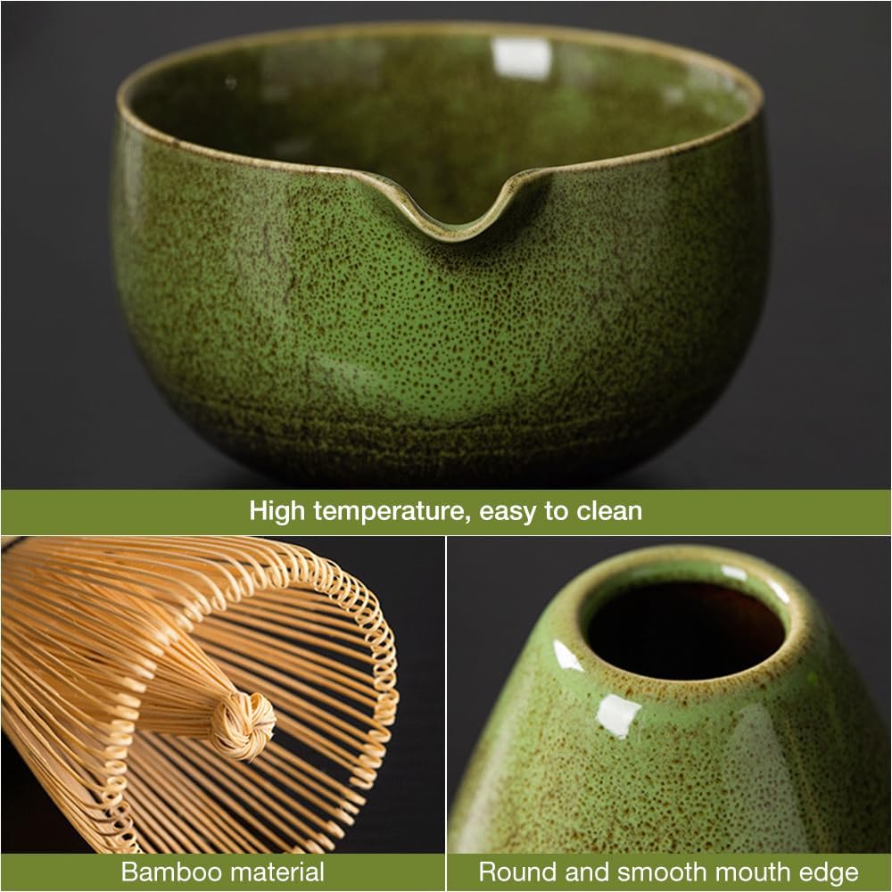 Matcha Kit 7 Piezas, Ciotola Matcha con Beccuccio, Frusta al Matcha, Supporto per Frusta, Cucchiaino, Asciugamano per Tè, Filtro, Matcha Set Perfetto per Macha (Verde Screziato)