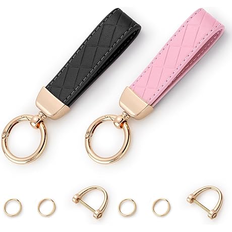 2 Pack Leather Keychains for Women and Men, Anti-Lost D-Ring Key Fob Holder with Keyrings