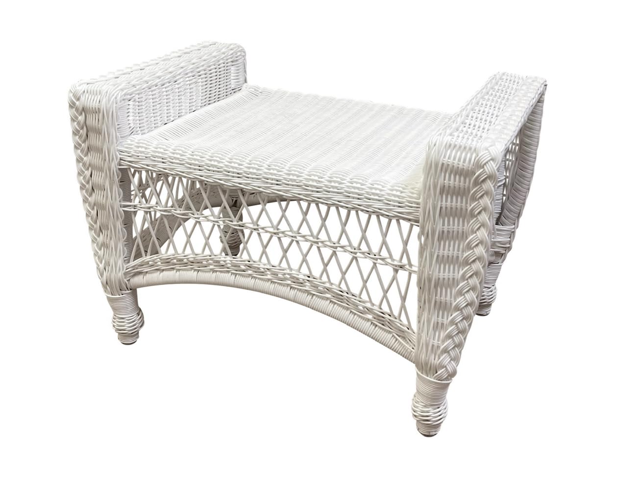 Cape Cod White Wicker Patio Ottoman - Outdoor All Weather Wicker Footstool - Resin Aluminum Framed Bench- NO Cushion Included