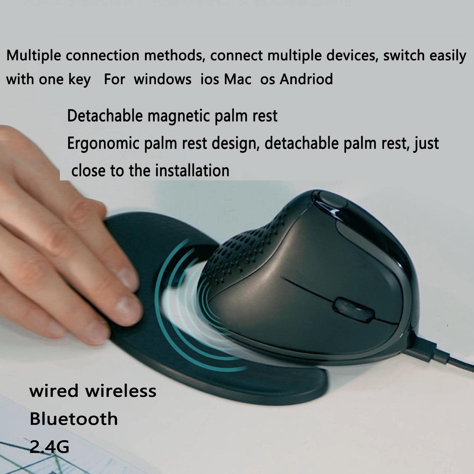 Mouse wireless per computer portatile, USB Bluetooth ricaricabile, design ergonomico verticale, 2,4 GHz, dispositivo di puntamento con rotella per pollice fotoelettrico