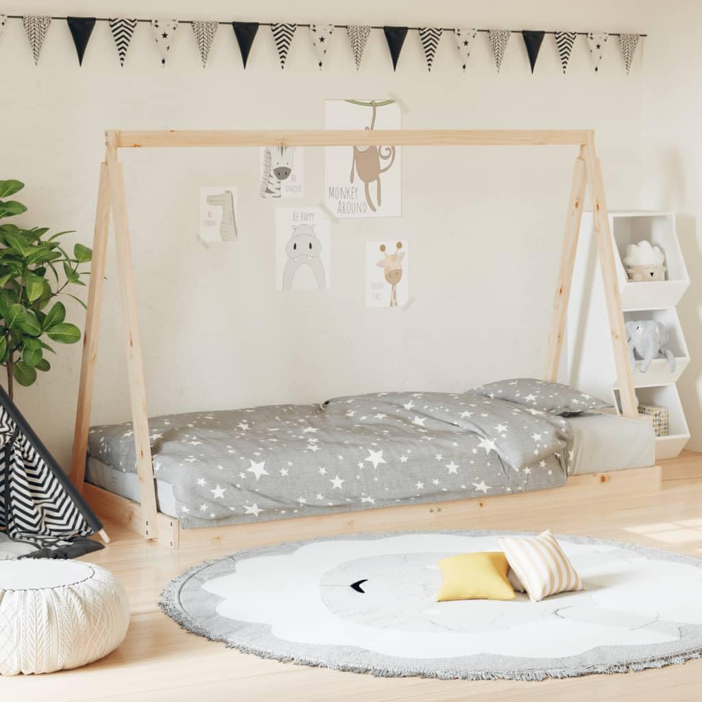 Kinderbett 90x200 cm Massivholz Kiefer Tipi-Bett Design mit Holzlatten, stabiles Gitterbett für Kinderzimmer, geeignet ab 4 Jahren, naturbelassenes Massivholz