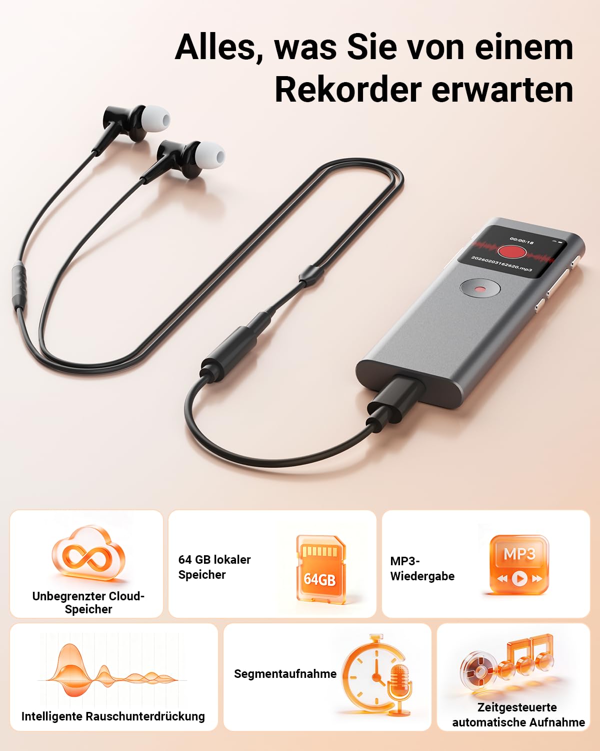 KI Digitales Diktiergerät, Transkribieren und Zusammenfassen, Sprachaktivierte Aufnahme mit Playback, 90+ Sprachen, 64 GB Speicher, One-Touch-Aufnahme, Für Vortrag/Interviews/Klassen