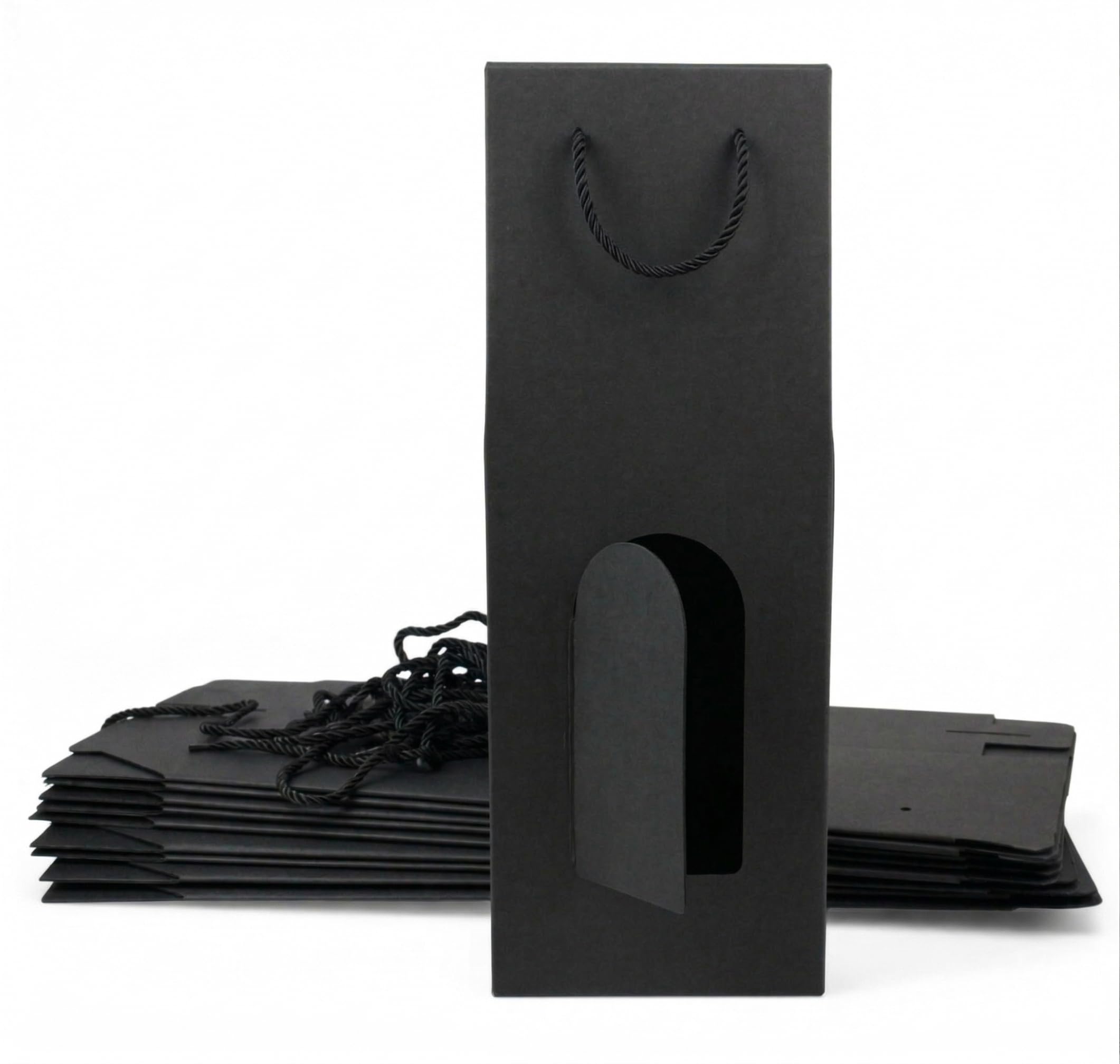 Emartbuy Black Kraft Bottle Gift Bag with Window & Rope Handle – Luxury Gift Packaging for Wine & Champagne – Size 36 x 12 x 9 cm – Pack of 24