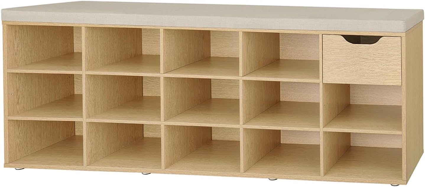DINZI LVJ Shoe Bench, Entryway Storage Bench with Drawer and 14 Cubbies, Long Cubby Shoe Rack with Adjustable Shelves, Shoe Organizer for Living Room, Bedroom, Mudroom, Garage, Natural