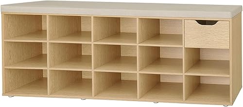 DINZI LVJ Banco de zapatos, banco de almacenamiento de entrada con cajón y 14 cubículos, zapatero largo con estantes ajustables, organizador de