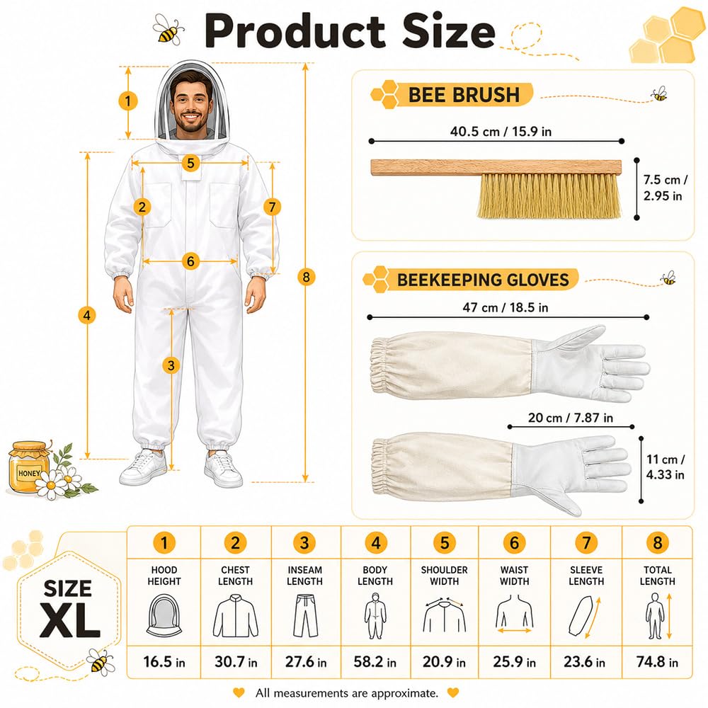 Imkeranzug mit Imkerhandschuhe, XL/XXL Professioneller Vollschutz Imker kostüm, Abnehmbarer Kapuze Atmungsaktiver Imker Schutzanzug Unisex Männer Frauen Garten Hinterhof Ranch, Weiß