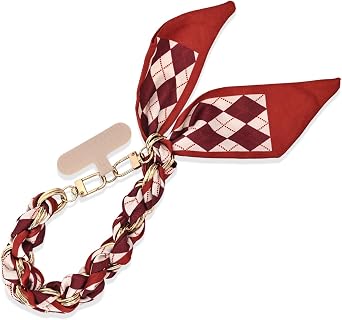 Phone Wrist Strap with Gold Metal Scarf and Universal Tether Tab, Aesthetic Print Design Ribbon Chain, Multi-Purpose Accessories for Bag Key Cellphone for Men Women Girls-Red Checkerboard