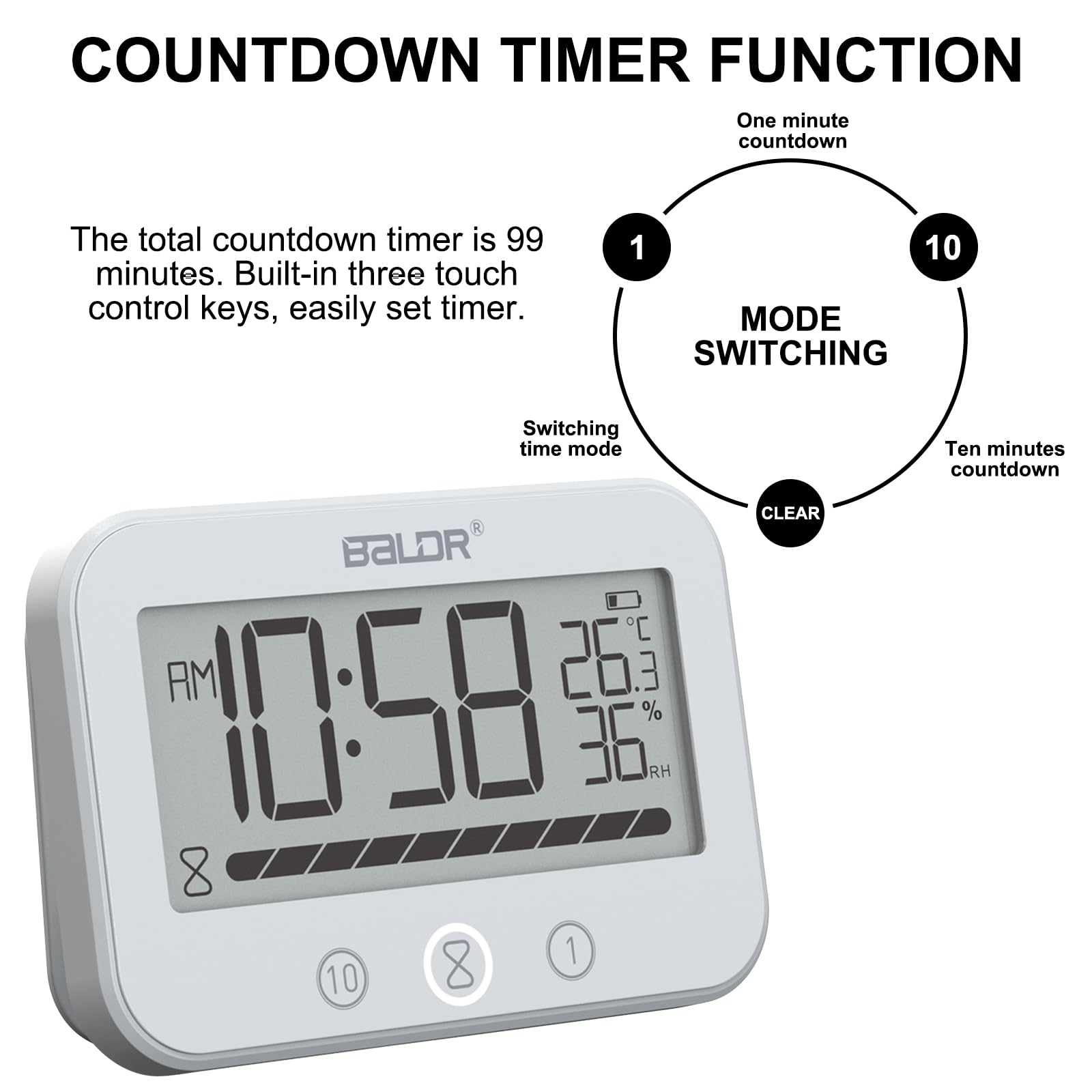 Orologio da Bagno Digitale, Orologio da Doccia Impermeabile IP54 con Temperatura e Umidità, Conto alla Rovescia da 99 Minuti con Allarme, Ampio Timer LCD con 2 Ganci Adesivi e 2 Ventose