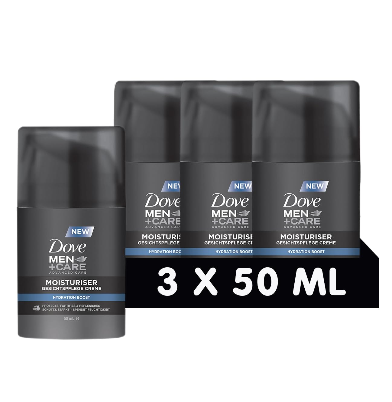 DOVE MEN + CAREMoisturiser Hydration Boost - Face Care Cream - Protects, Strengthens and Moisturises without Greasing, 3 x 50 ml