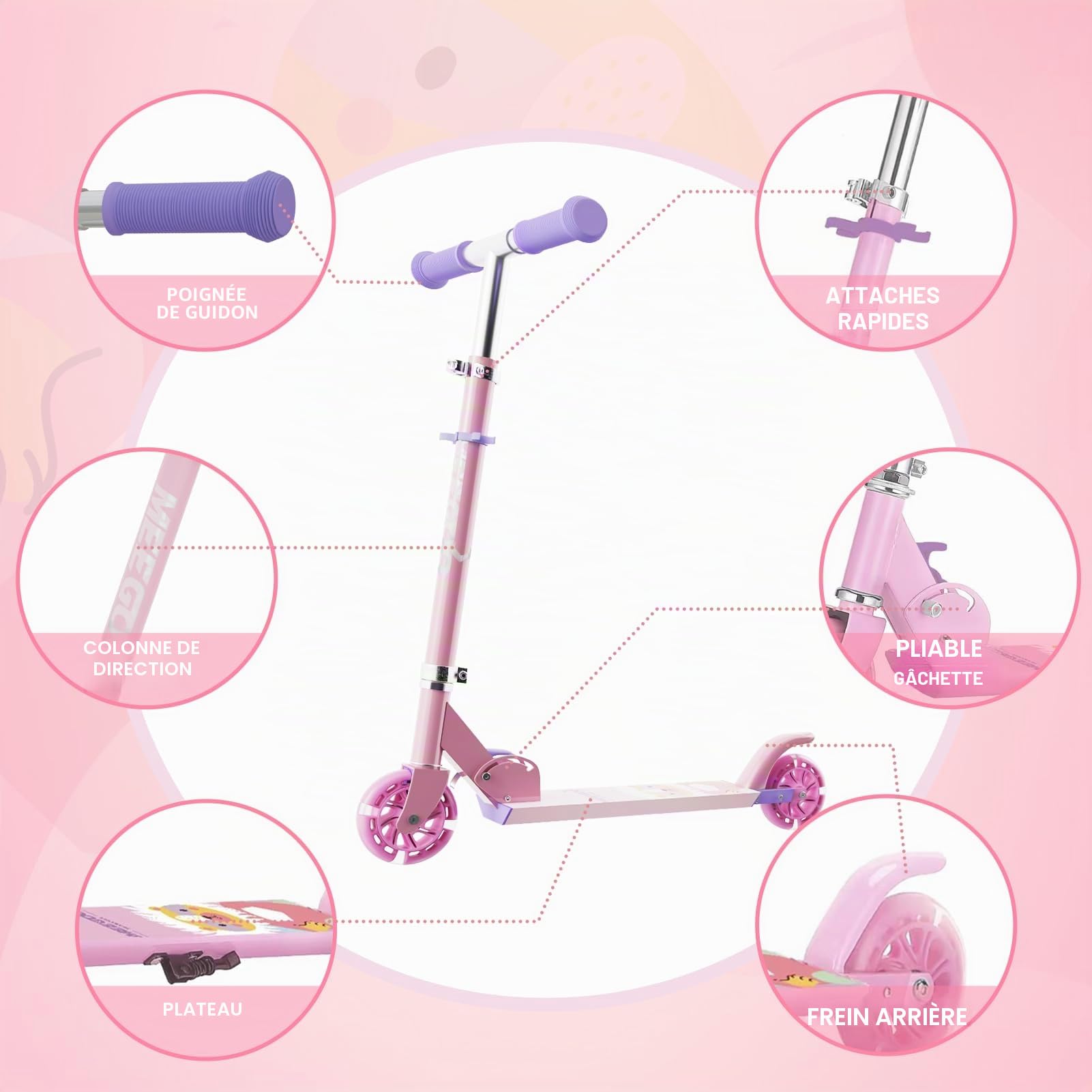 MEE GOO Trottinette pliable en aluminium pour enfants de 8 ans et adultes - Hauteur réglable - Avec frein à main et cloche
