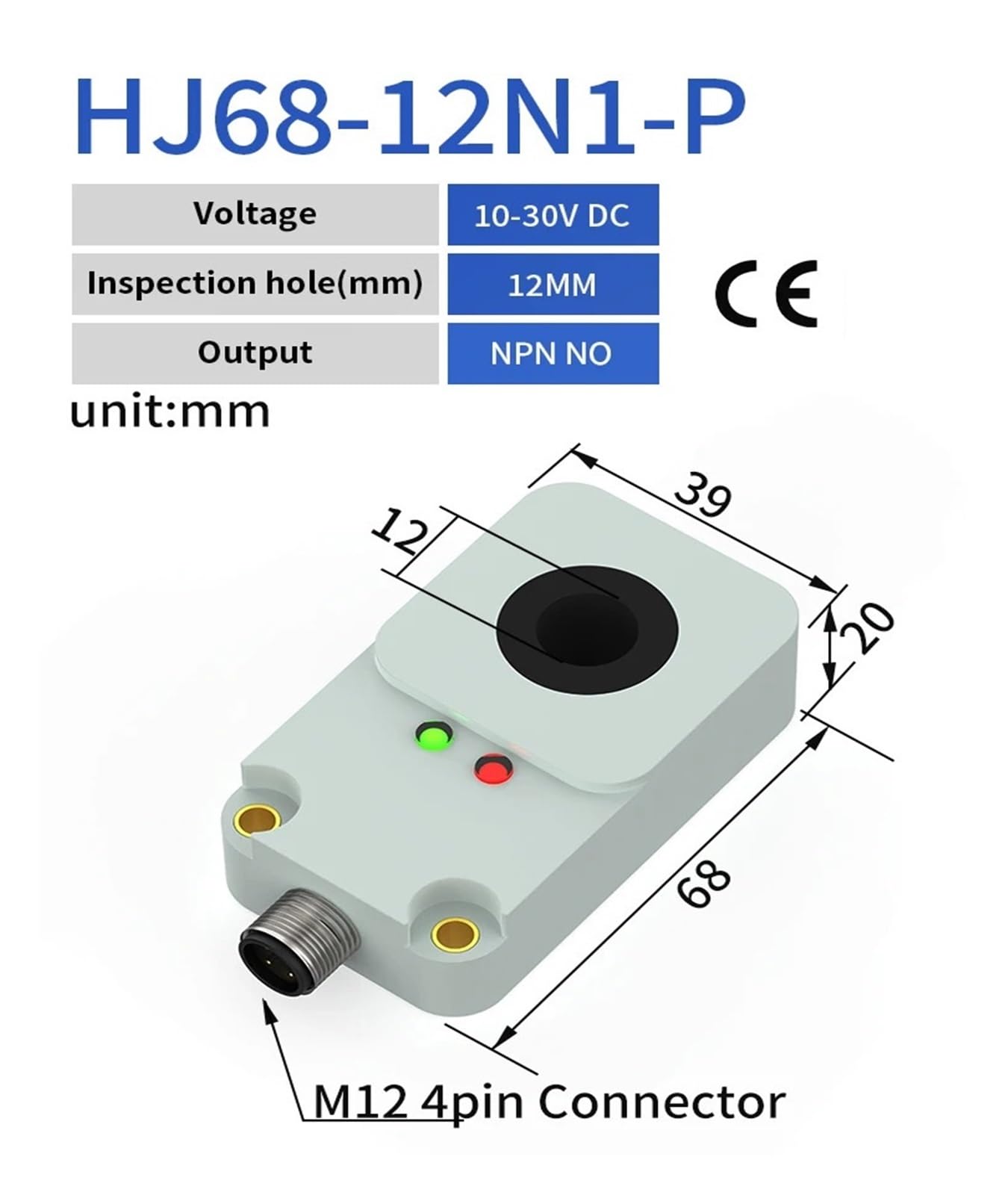 Sensor de proximidad de anillo, interruptor inductivo, conector M12 no empotrado, CC, 3 hilos, NPN, PNP, IP67, protección contra caídas de metal(12MM NPN NO)