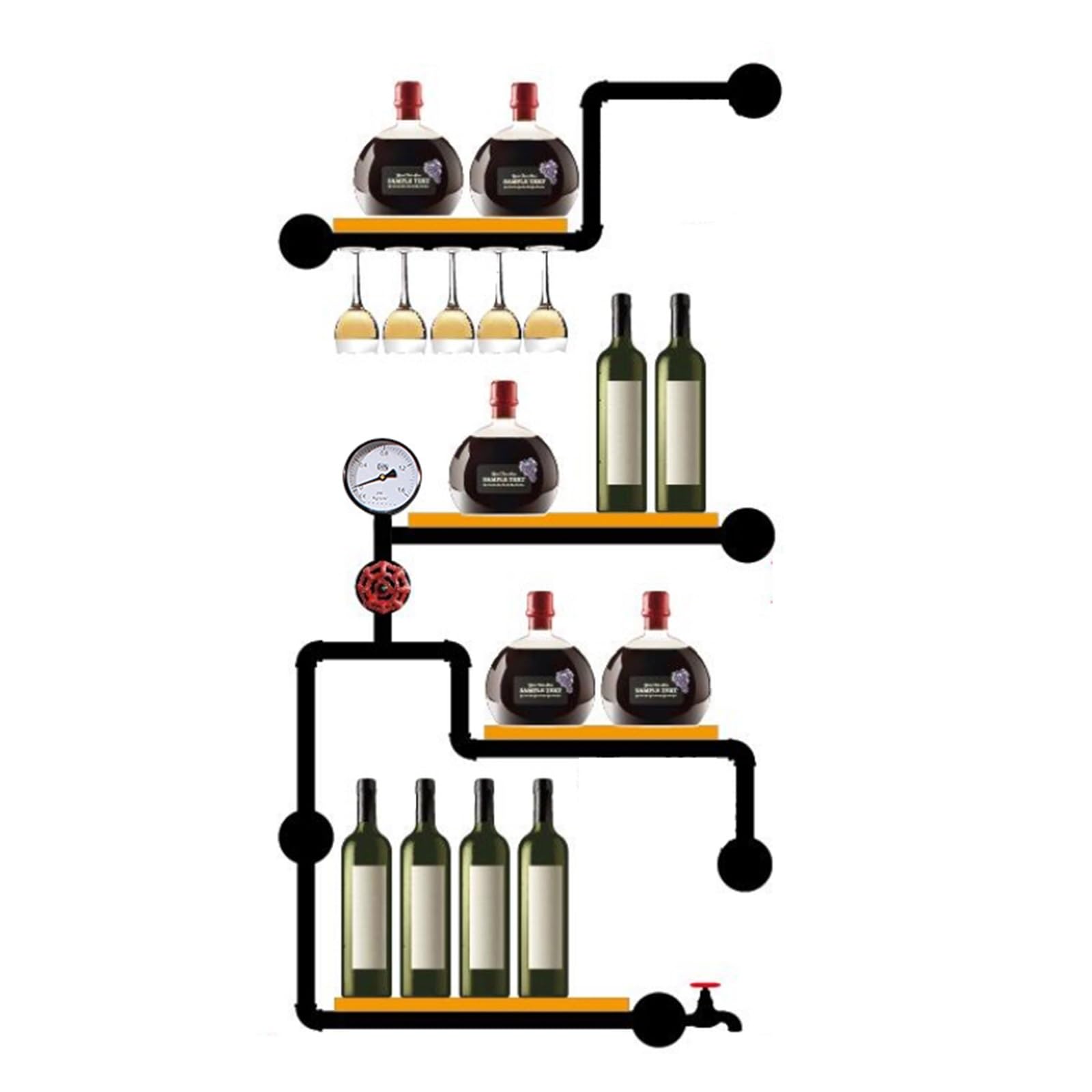 Casier à vin mural moderne en métal avec support de verre et étagères de bar pour bouteilles