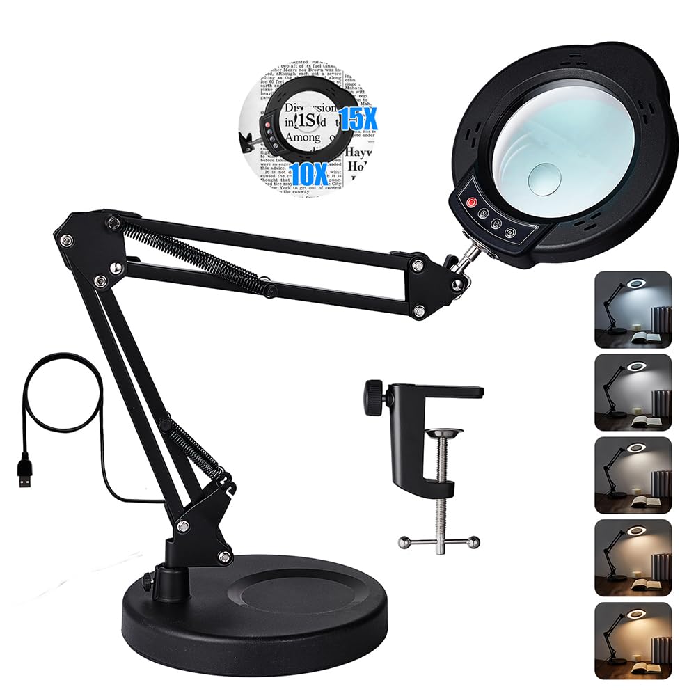 15X 10X Magnifying Glass with Light and Stand, 2 in 1 Magnifying Desk Lamp with Clamp & Base, 5 Color Modes Dimmable with Swing Arm, LED Lighted Magnifier Light for Reading, Repair, Craft, Close Work — image 1