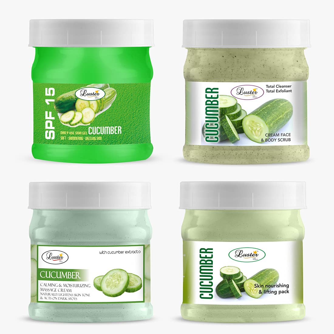 Luster Cucumber Facial Kit | Helps Hydrate & Moisturize Skin | Scrub | Cream | Gel | Face Pack | Cucumber Facial Kit | Paraben Free - 500ml (Pack of 4)