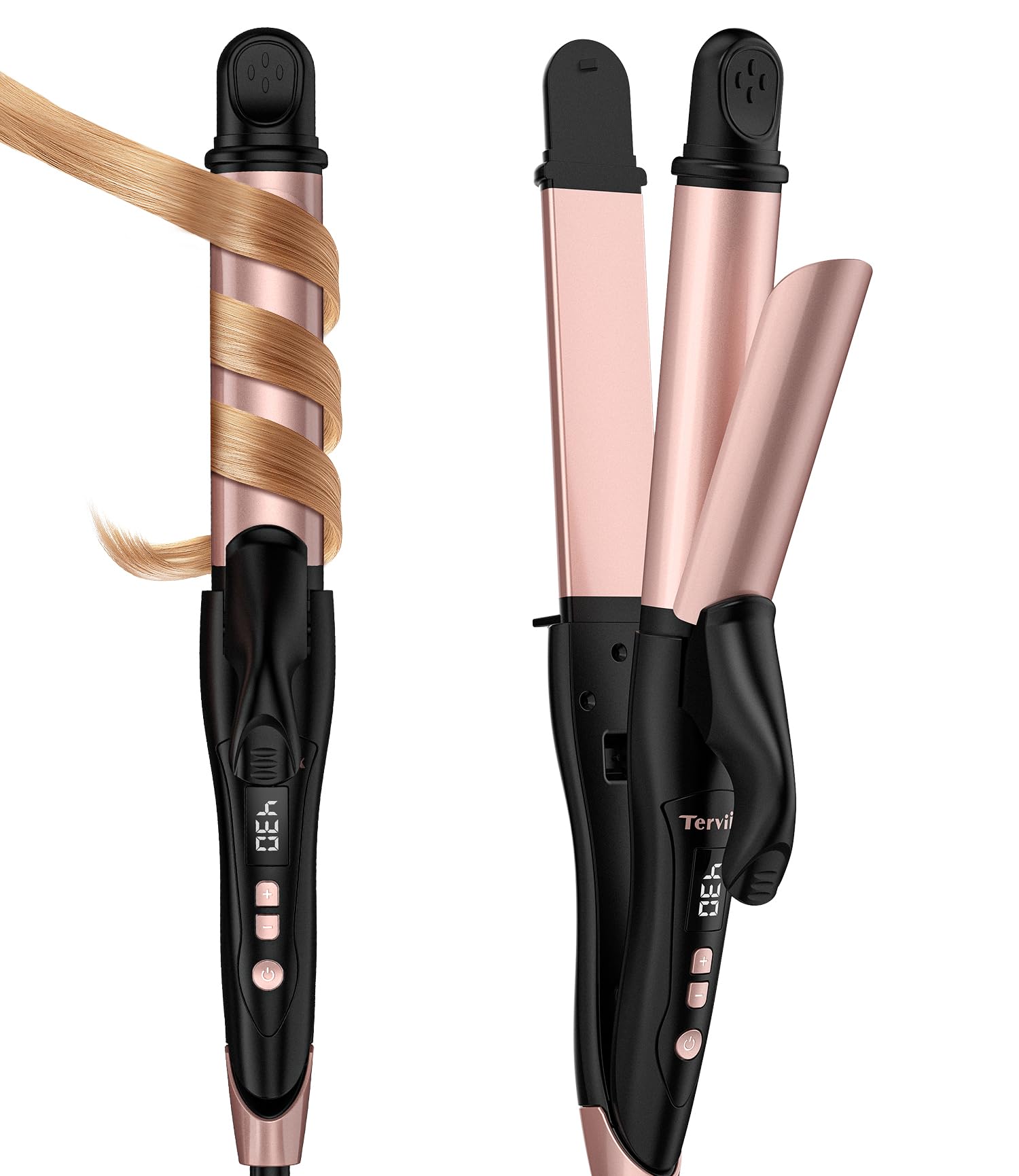 Terviiix Travel Curling Iron 2 in 1, Travel Flat Iron Hair Curler in One, 1 1/4 Inch Ceramic Ionic Curling Wand with 11 Temperatures Digital Display Hair Straightener, Dual Voltage & Auto Shut-Off