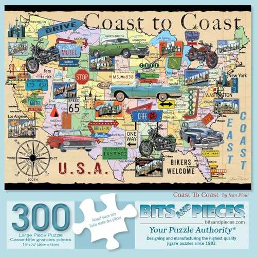 Bits and Pieces 300 Piece Puzzles for Adults - Coast to Coast - 300 Large Pieces 18 x 24 Jigsaw Puzzles, Retro American Collage Map, No 2 Pieces Alike