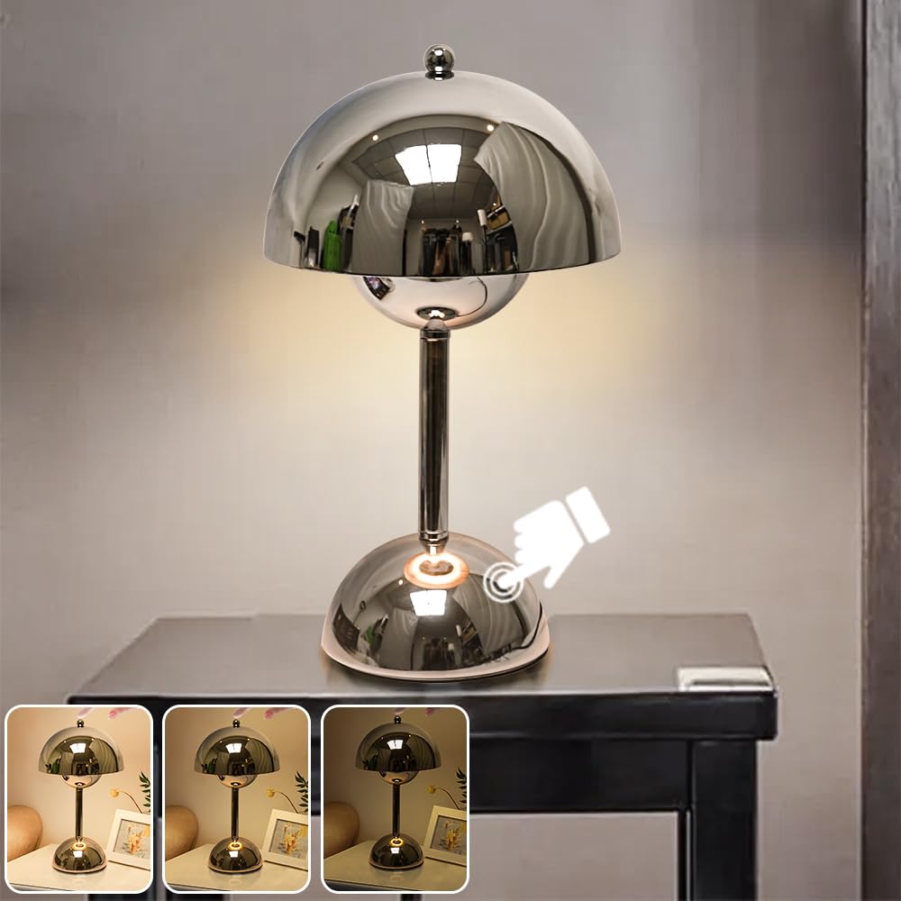 Lampada da comodino con Touch Control, Lampada da tavolo a fungo dimmerabile argento con lampadina E27 per camera da letto,soggiorno, studio, camera dei bambini, ufficio(G45 lampadina)