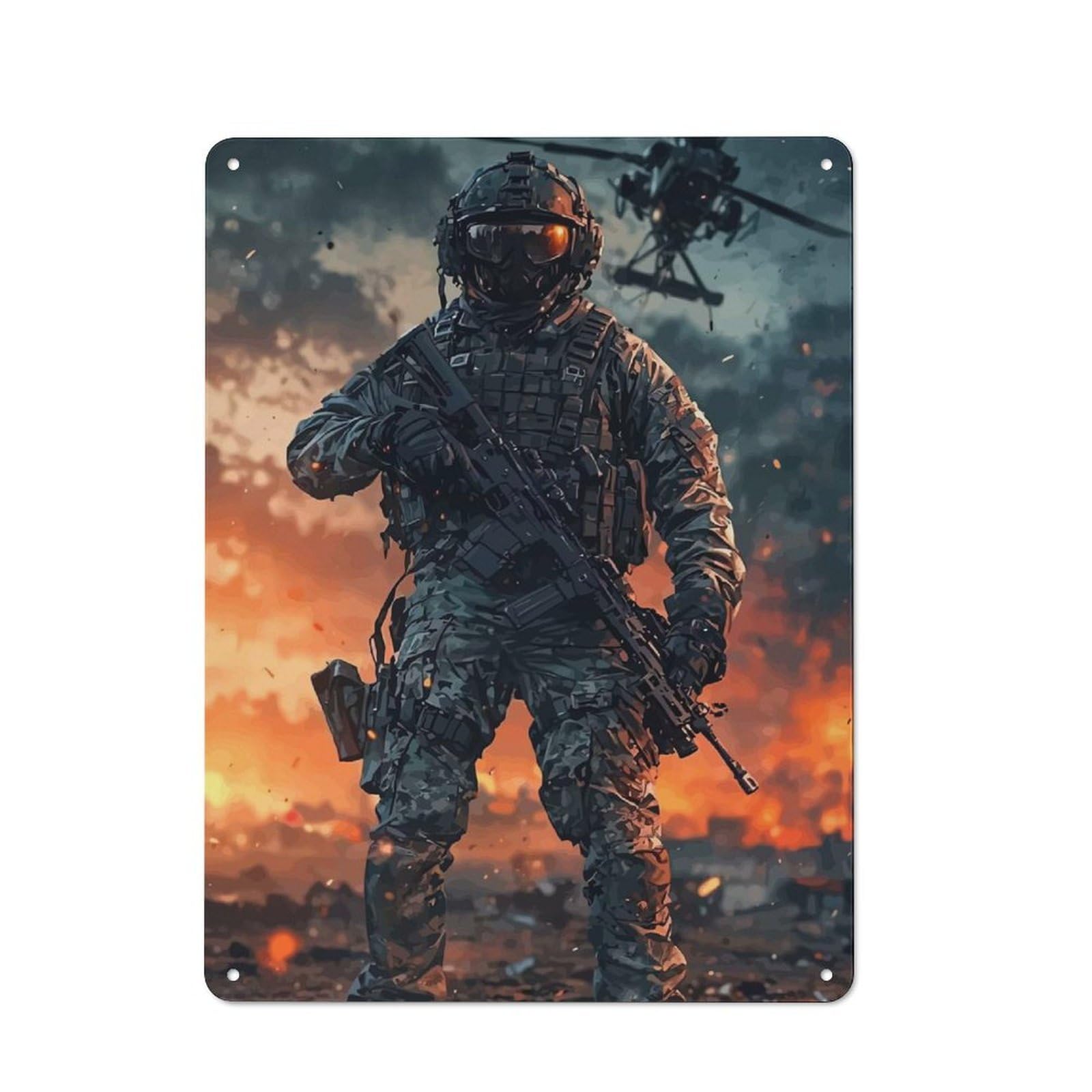 Metal Wall Sign 40x30cm Featuring Soldier Combat Zone Helicopter for Garage Or Workshop, Suited to DIY Enthusiasts
