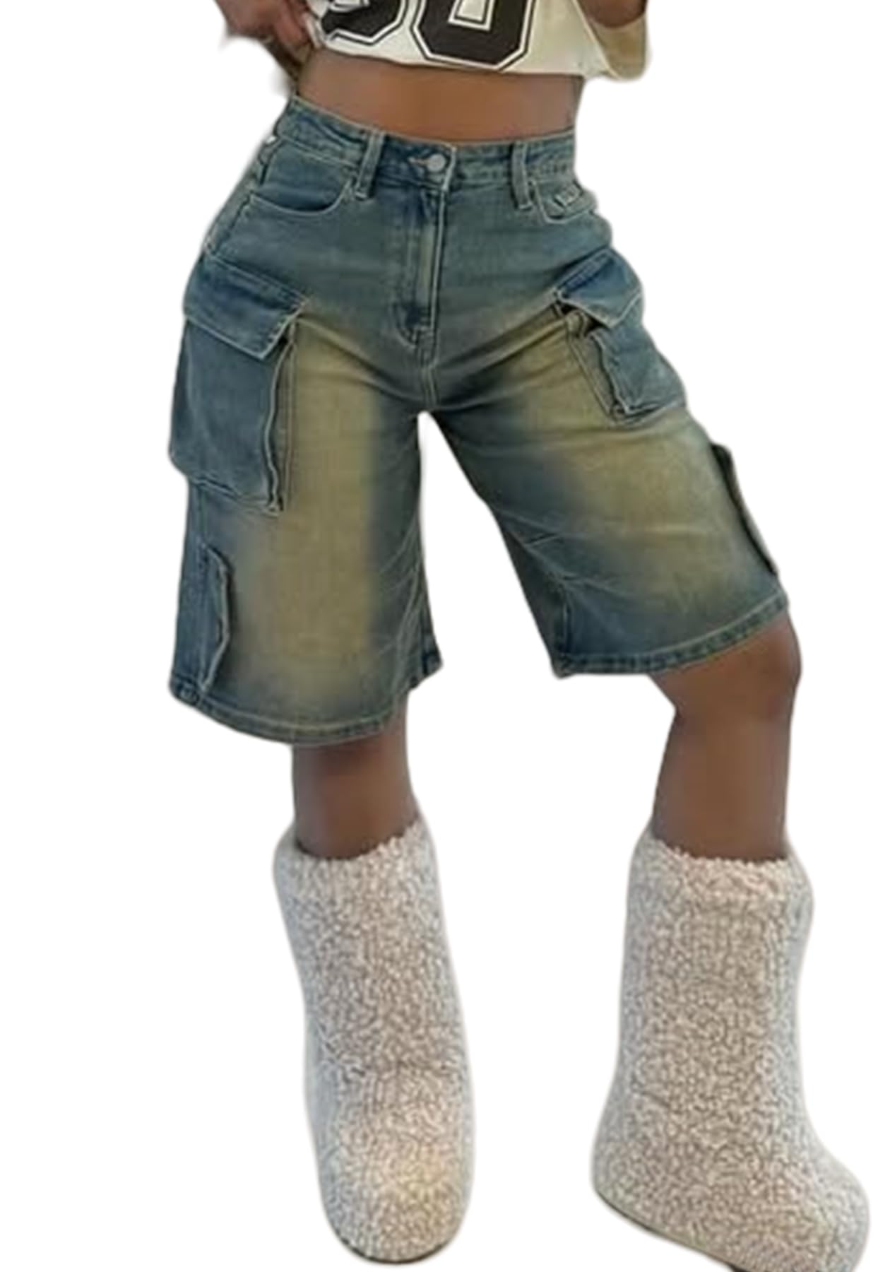 NRTHYE Women Denim Shorts High Waisted Straight Leg Casual Cargo Jean Shorts with Pockets