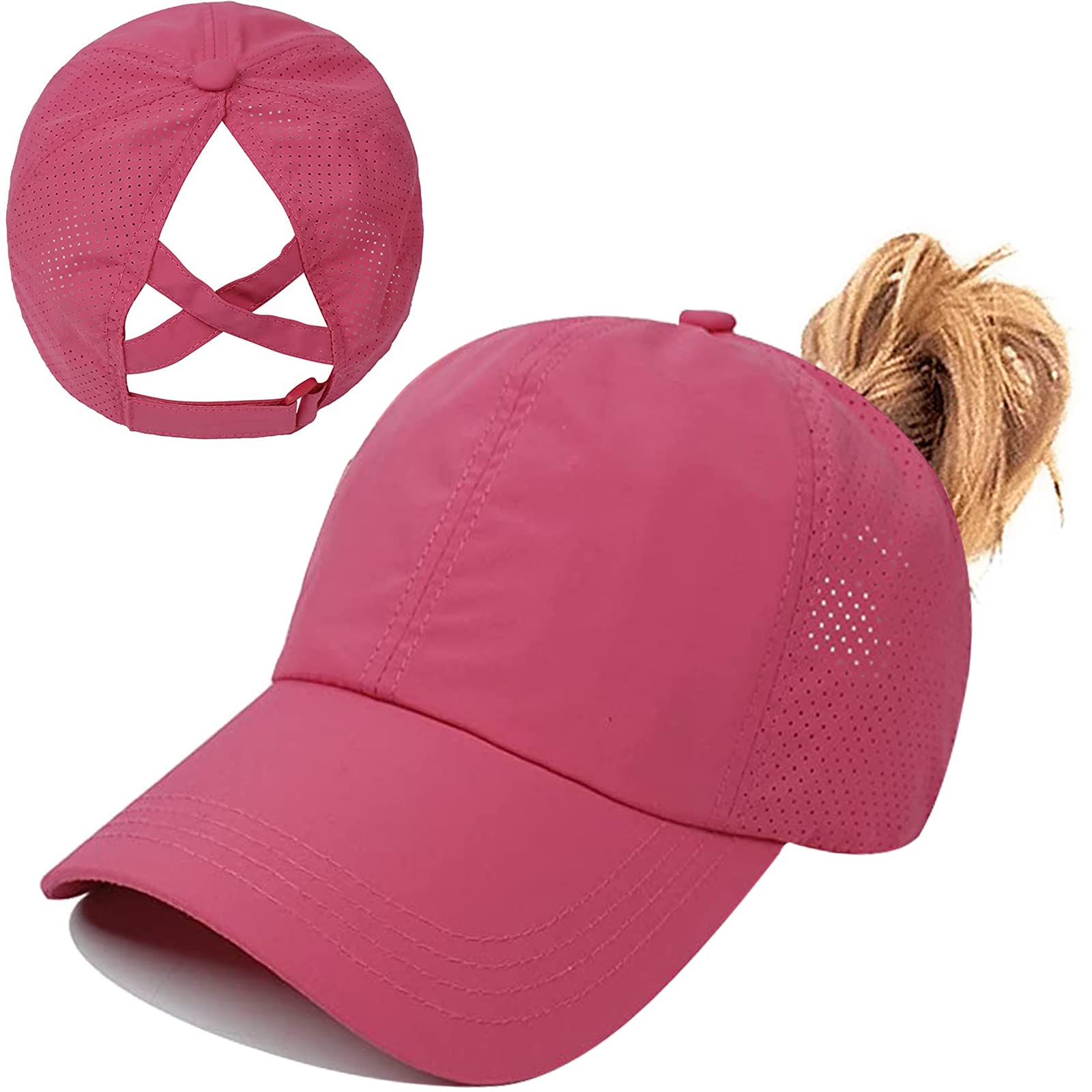 Baynetin Womens Criss Cross Ponytail Baseball Cap,High Messy Bun Ponycap Quick Drying Mesh Outdoor Sports Hat with Ponytail Hole Adjustable Travel Summer Hat (Rose Red, One Size)