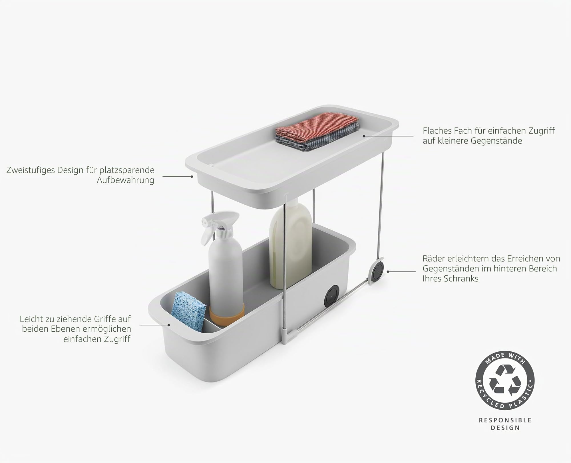 Joseph Joseph CupboardStore 2-stufiger Küchenwagen mit Rollen, Leicht Zugänglich, Unter Waschbecken Regal, recyceltem Plastik