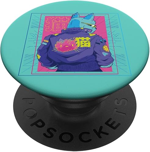Outrun Cyberpunk Cat 90s 80s Glitch Vaporwave Japanese PopSockets PopSockets intercambiables PopGrip