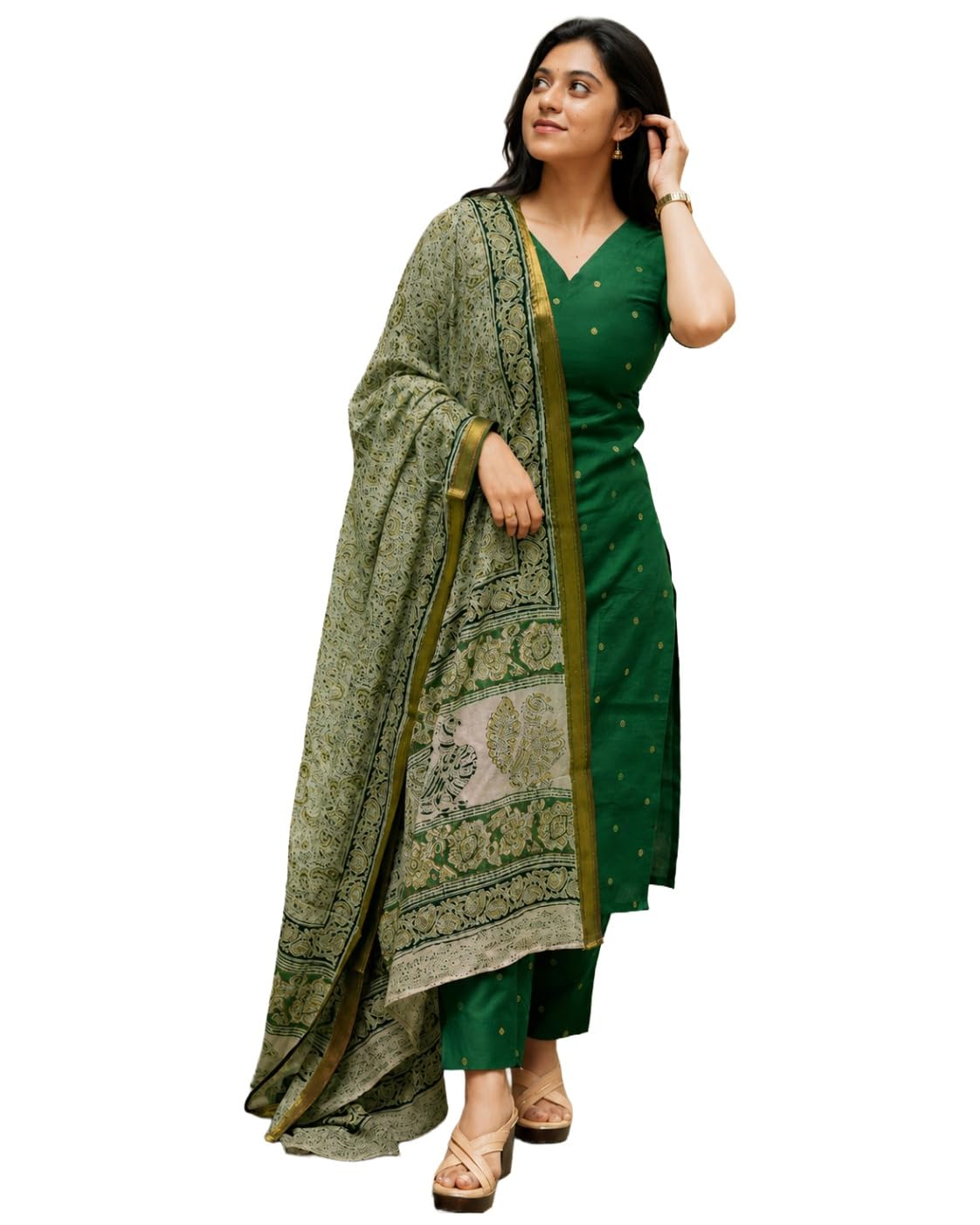 gosriki Kurta Set Women Viscose Printed | Kurti Set Woman | Kurta Pant Dupatta 3 Piece Outfit | V-Neck Elbow Length Sleeve Straight Fit Ethnic Wear Ladies Dress Stylish Traditional Clothing-picture-35