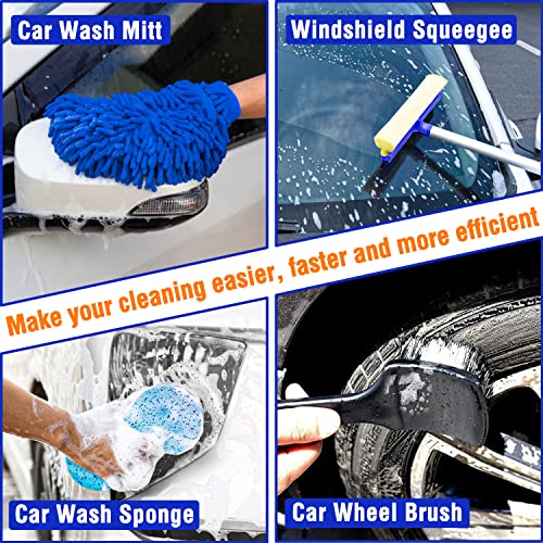 Lezcufer 17 Pcs Car Wash Kit, 62" Car Wash Brush Mop With Long Handle, Car Detailing Brush Set, Car Cleaning Kit, Car Wash Bucket With Dirt Trap, Complete Car Cleaning Supplies Interior, Blue #TOP4