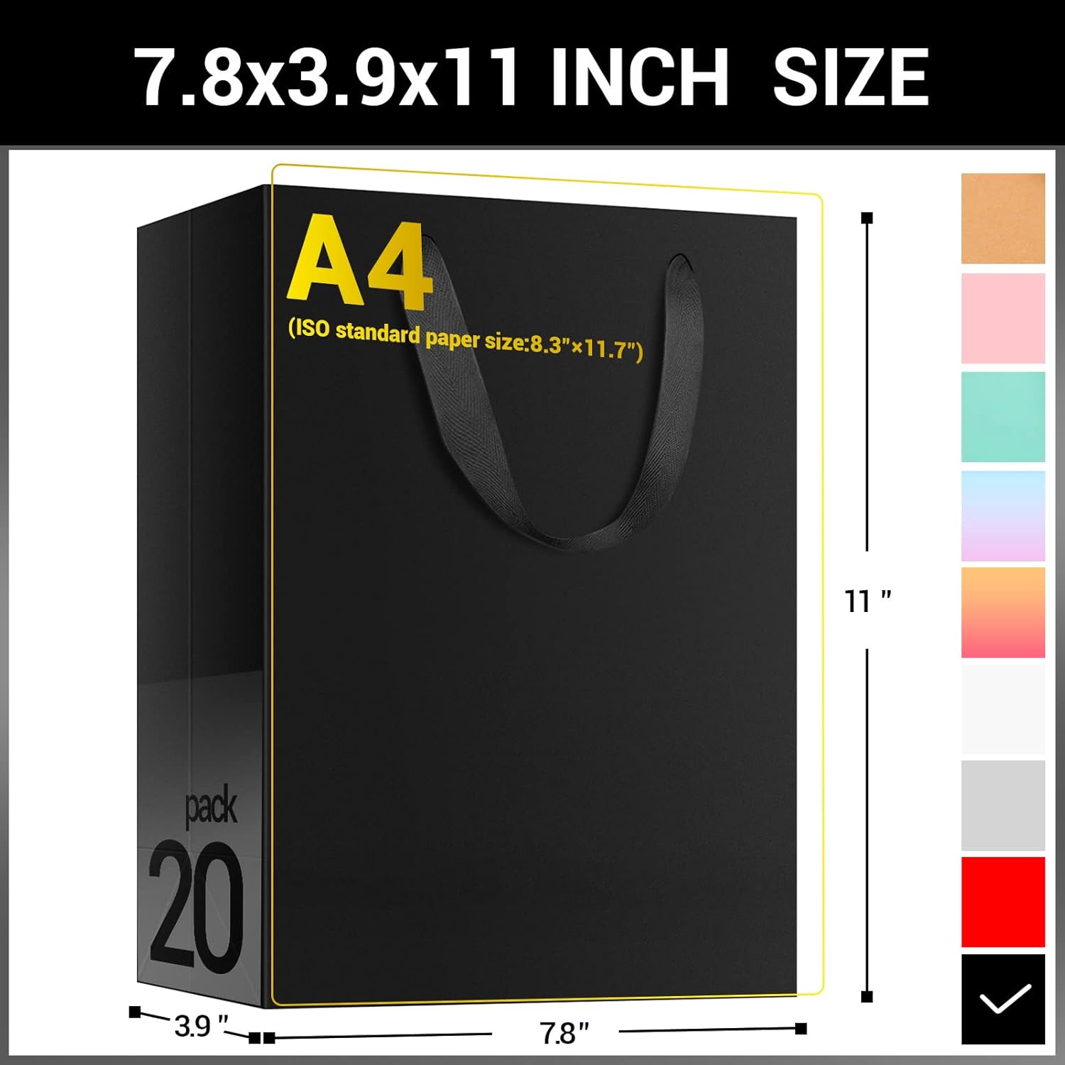 EUSOAR Shopping Bags for Boutique, 20pcs 7.8" x 3.9" x 11" Medium Sturdy Black Kraft Paper Gift Bags with Cloth Handle Bulk for Business, Craft Grocery, Party, Wedding - Image 2