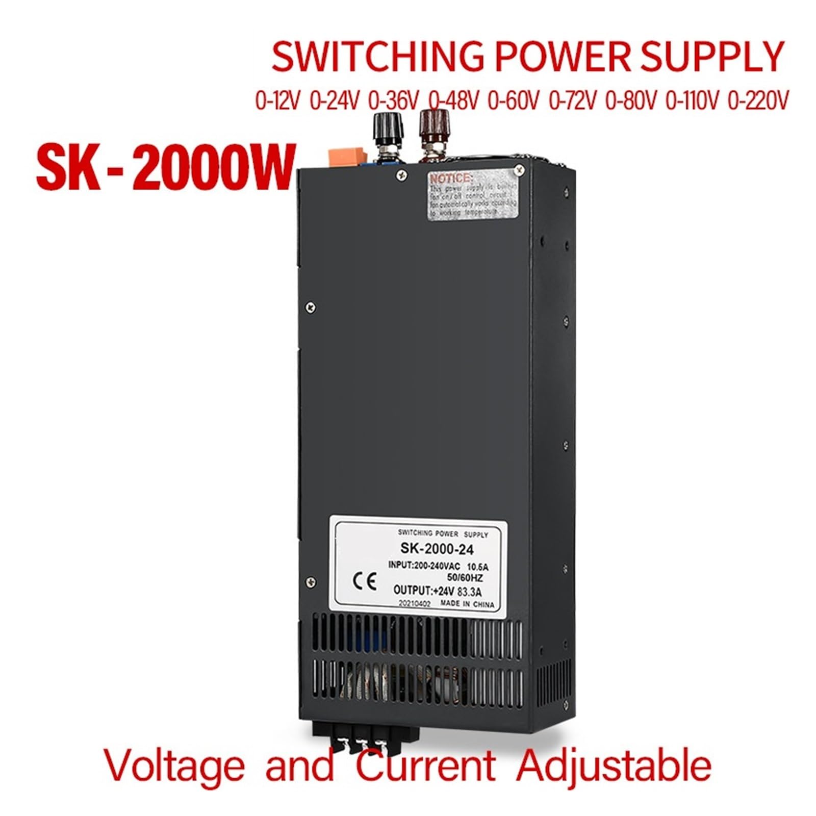 Zasilacz przełączany SK2000 2000 W, 0-12 V, 24 V, 36 V, 48 V, 60 V, 80 V, 110 V, 220 V AC/DC, regulowane napięcie, prąd o dużej mocy. | 0-220v 9a-2000W, 220V