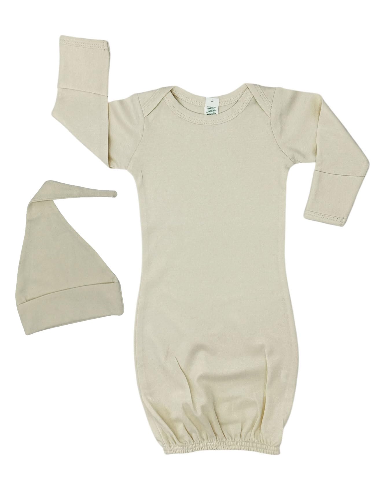 Monag Long Sleeve Organic Cotton Gown, Unisex Organic Cotton Baby Gown and Knotted Cap Set (Natural, 3-6 Months)