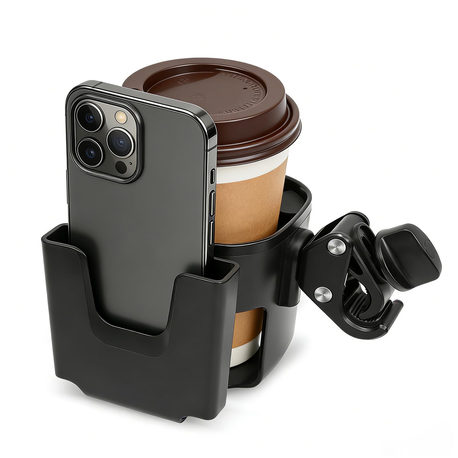 Universal Big Size 2-in-1 Cup & Phone Holder for Stroller Walker Wheelchair, Adjustable Clip On Attachment for Bike Scooter Rollator, Compatible with