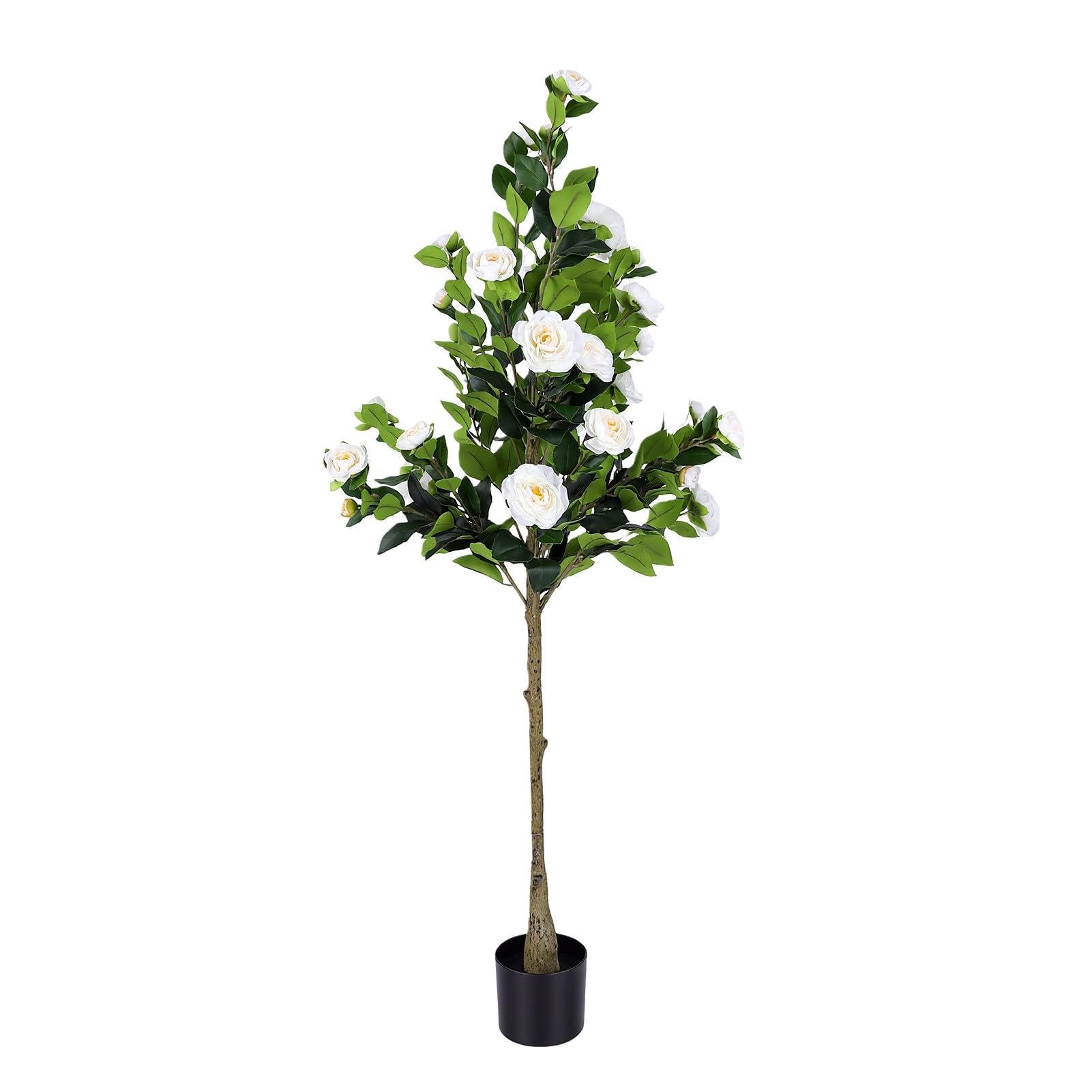 Zerodis Künstlicher Kamelienbaum, Künstliche Kamelienpflanze mit Blühenden Weißen Blüten, Lebensechter Stamm für Drinnen und Draußen, Zuhause, Büro, Wohnzimmer, Dekoration (180cm)