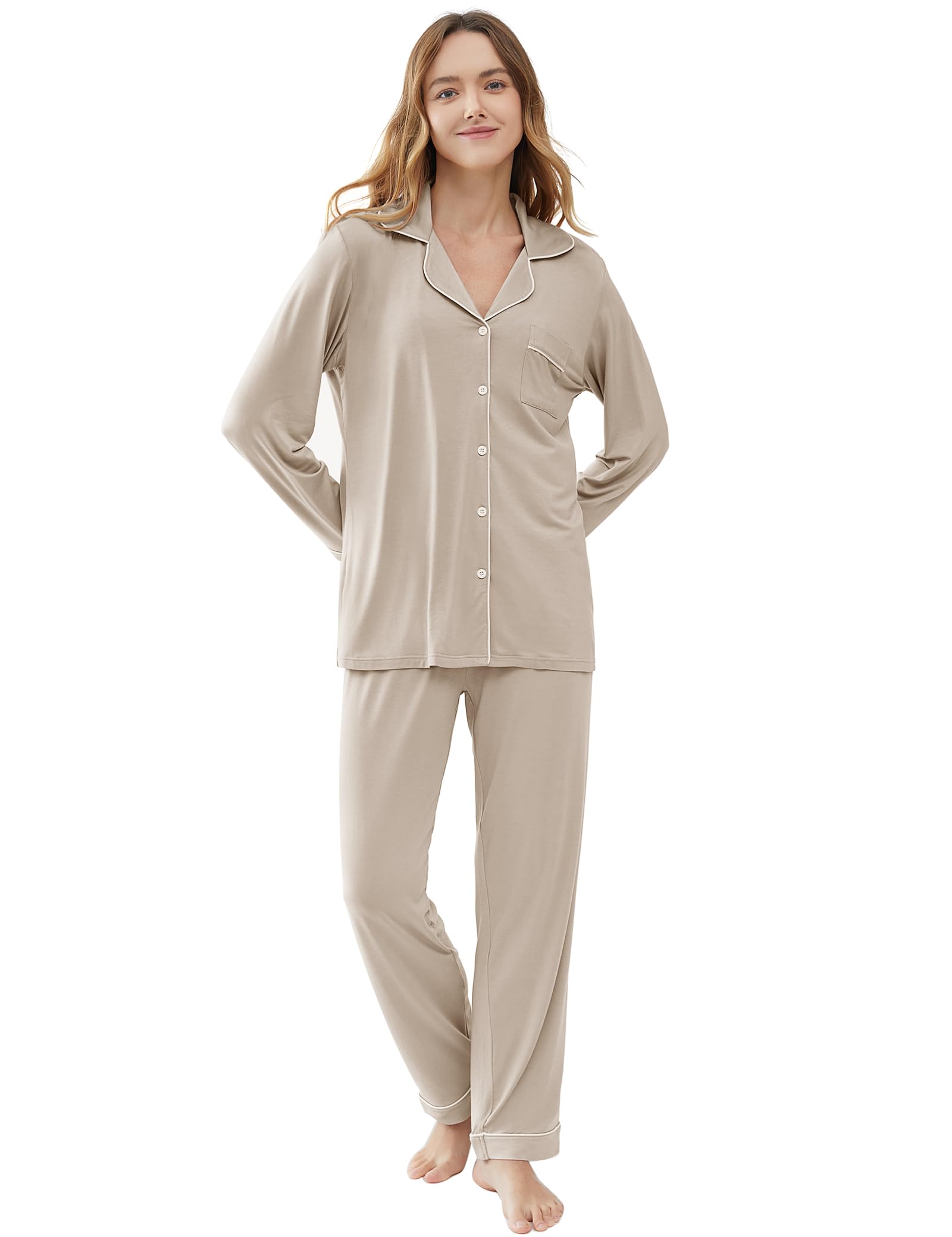 Joyaria Schlafanzug Lang Knöpfe Damen Bambus Viskose Knopfleiste Pyjama Set Bequeme Nachtwäsche Hausanzug Zweiteiliger S-XXL