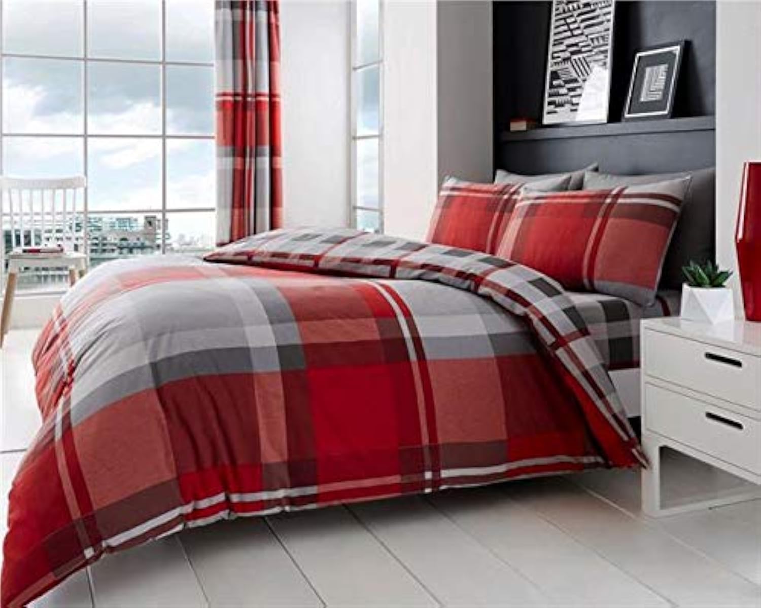 Homemaker Red ® Tartan Duvet Set & Grey Check Bedding Quilt Cover & Pillow Cases (King)