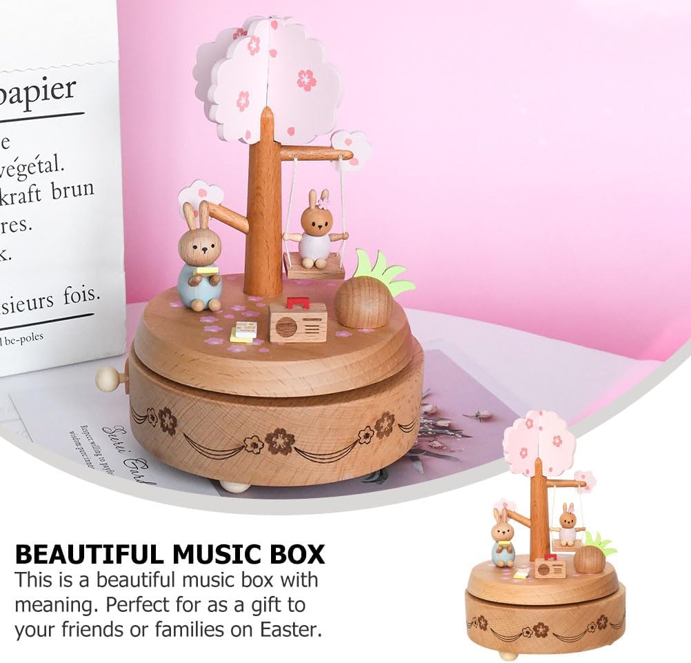 Wooden Music Box Bunny Rotating Music Box Wooden Mechanical Mini Rabbit for Birthday Baby Shower Christmas Easter Party