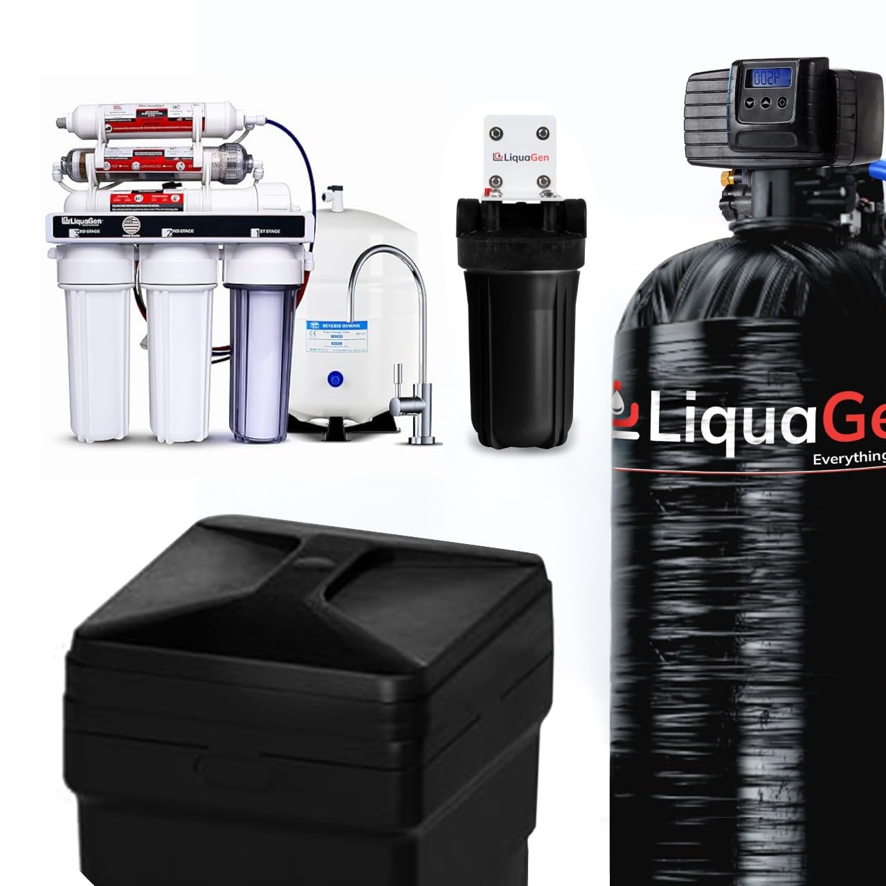 LiquaGen Whole House Water Filter Bundle – Digital Water Softener with Sediment Pre-Filter + 100 GPD Under-Sink RO System with pH Booster (Brushed Nickel Faucet, 32,000 Grains)